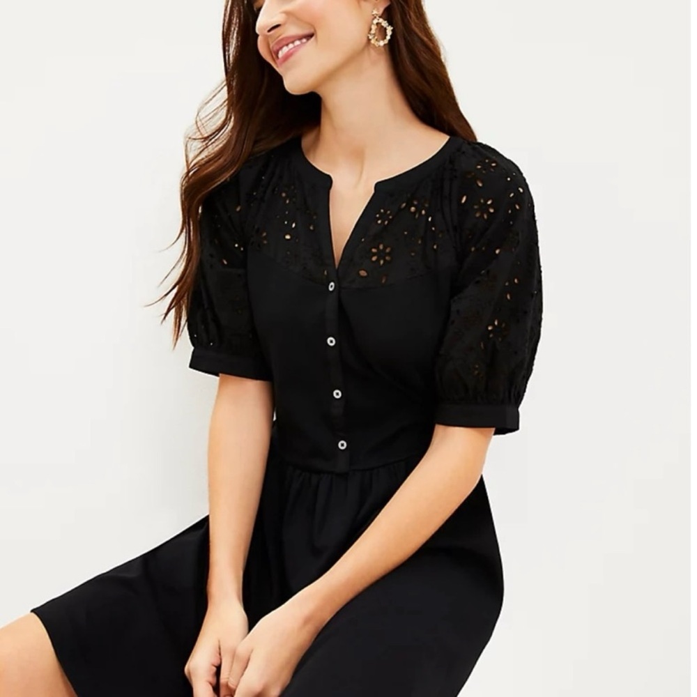 NWT  LOFT  Black Eyelet Button Mixed Media Swing Dress - XS